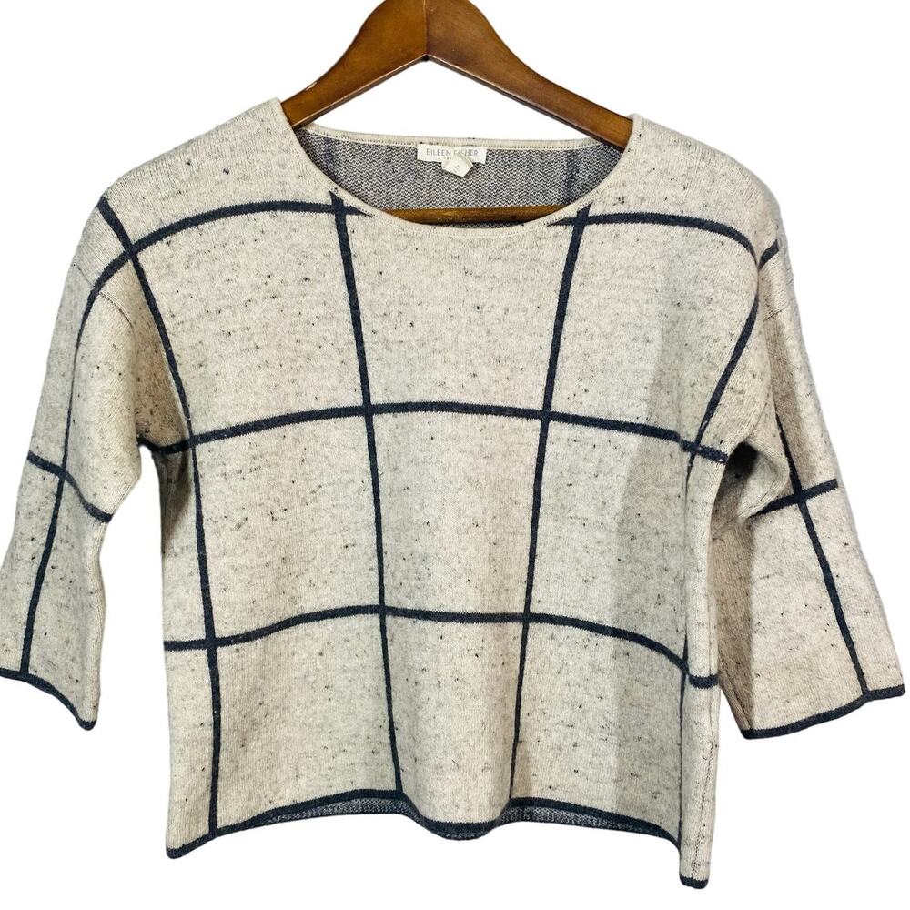 Eileen Fisher Wool Scoop Neck Sweater 3/4 Sleeve Waist Checker - PS
